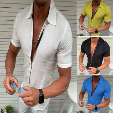 Einfarbiges Kurzarmhemd mit Reißverschluss Slim Fit Männer