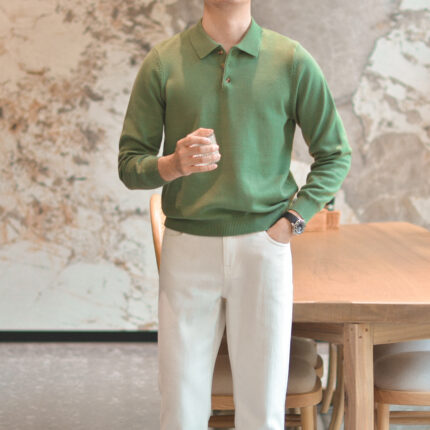 Mintgrünes Vintage-Revers-Strickhemd für Männer