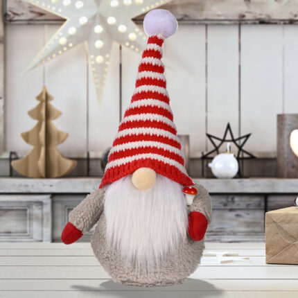 Red And White Striped Knitted Hat With Dwarf Doll Decoration