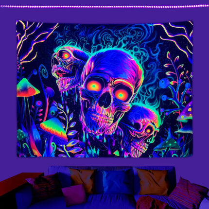 Fluorescent Skull Tapestry UV Black Light Background Fabric