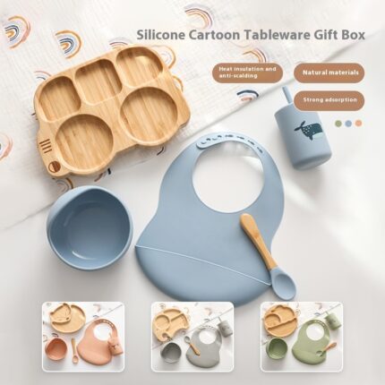 Ins Style Cartoon Animal Print Bib Bowl Spoon Cup With Straw Tableware Suit