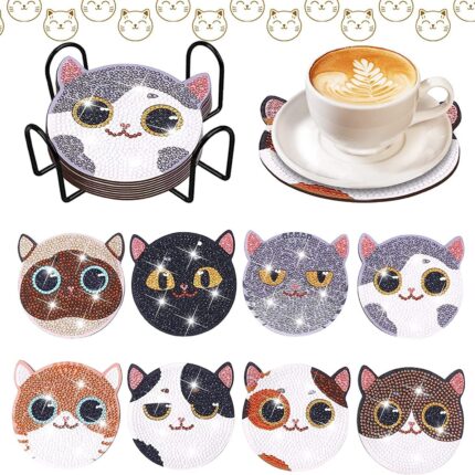 Kristall Diamant gemalte Kunst Untersetzer mit Stand Tier Katze Stil