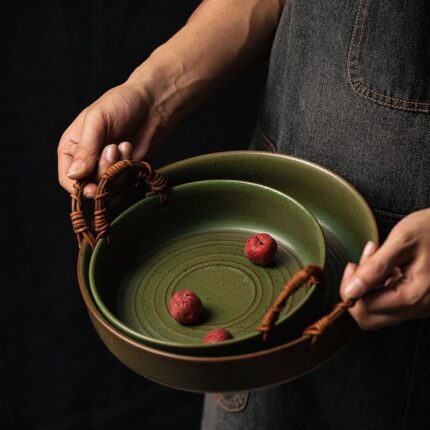 Japanese-style Retro Stoneware Rattan Handle Vegetable Fruit Plate Creative Ceramic