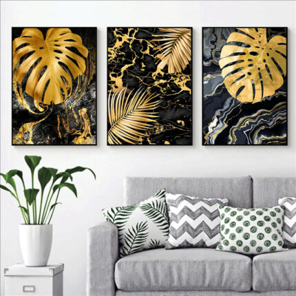Schwarz Gold Marmor Tropischen Pflanzen Poster Leinwand Malerei