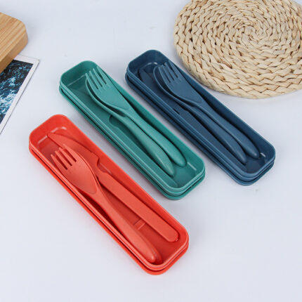 Creative Wheat Platycodon Grandiflorum Cutlery Chopsticks Fork And Spoon 3-piece Set Suit Convenient Tableware With Box For Traveling
