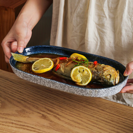 Retro Japanese Style Elliptical Ceramic Fish Plate