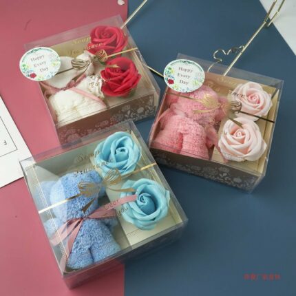 Festival Present Handtuch Bär Geschenk box Lehrer Tag Geschenk Seife Blume Transparentes Geschenk