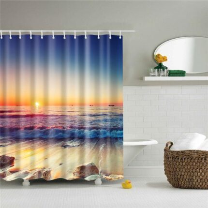 Dusche Vorhang Set 3D Meerblick Strand Digitaldruck Dusche Vorhang Wasserdichte Polyester