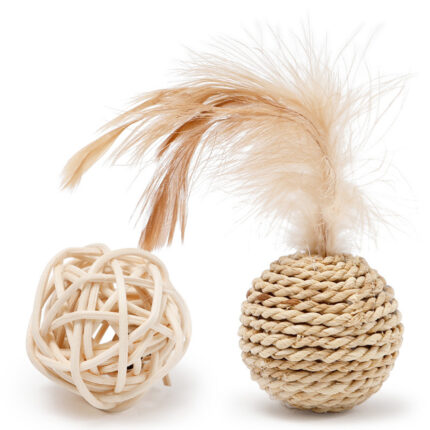2 Stück Katze Spielzeug Haustier Rattan Ball Katze Spielzeug Lustiges Faux Feder Katze Bell Ball Kätzchen Spielen Interaktive Ball Spielzeug Haustier Zubehör