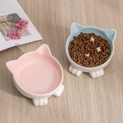 Cartoon Cat Face Figurine Keramik High-Foot-Schüssel schützen zervikale Trinkschale Katzenfutter-Utensilien für Haustier-Katzen-Schüssel für Haustiere
