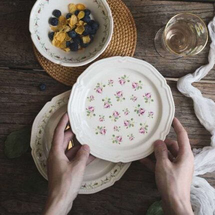 Mu Jing Retro Frühstück Kleine Rose Edge Steak Flache Platte Salat Dessert Schüssel Home Keramik Platte