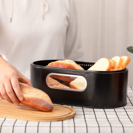 Galvanized Iron Black Bamboo Cover Metal Bread Box