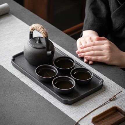 Japanese Style Black Pottery Bridge Teapot Dry Soaking Plate