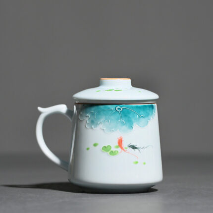 Household Powder Celadon Hand Painted Fish Splashing Cups Underglaze Ribbon Strainer Tea Brewing