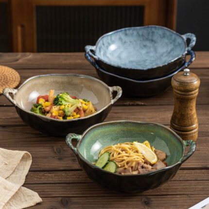 Double-ear Ceramic Irregular Large Bowl With Handle