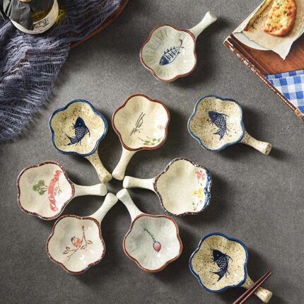 Ceramic With Handle Saucer Hand Painted Seasoning Dish