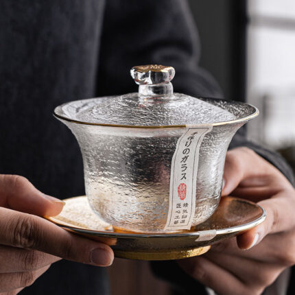 Kristallglas Gaiwan gemaltes Goldhammer-Muster Tee-Herstellungs gerät