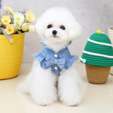 Haustier Jeans Kleid Bekleidung Hunde Rüschen Weste Haustier Geschirr Denim Kleid Welpen blaue Jeans Kleidung Katze Hunde Leine Haken Brust Rücken Kleid