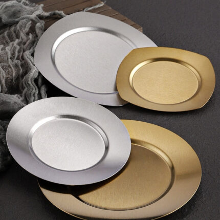 Japanese-style Western Food Golden Stainless Steel Platter Korean Flat Tray Shallow Plate Barbecue Plate